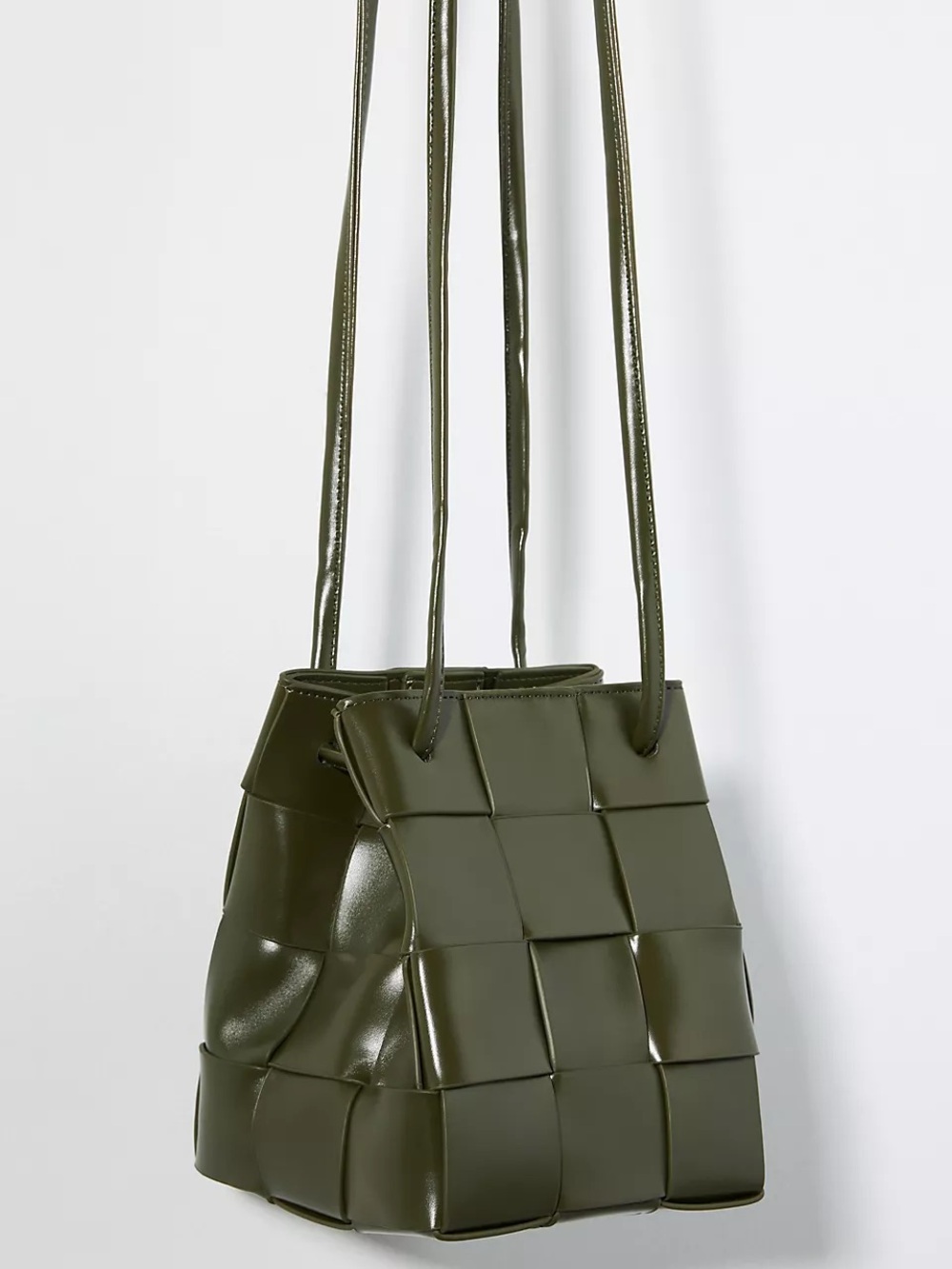 Anthropologie Olive Green Faux Leather Woven Bucket Bag